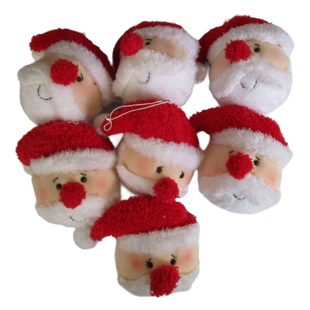 Plush Santa Claus Head Christmas Ornaments Seven Fuzzy Red Hats & Beards GUC